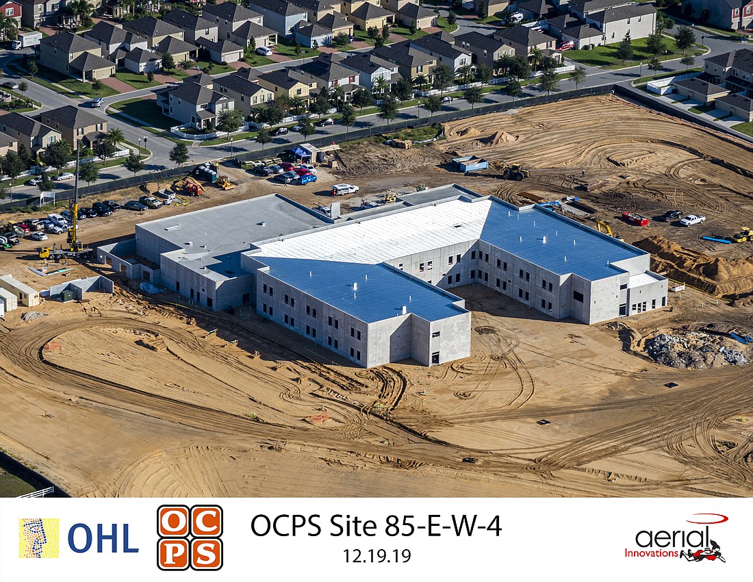This aerial of site 85-E-W-4, taken in December, shows the roofs all in place on the school. It is expected to be complete by June. (Courtesy Craig Jackson, OCPS)
