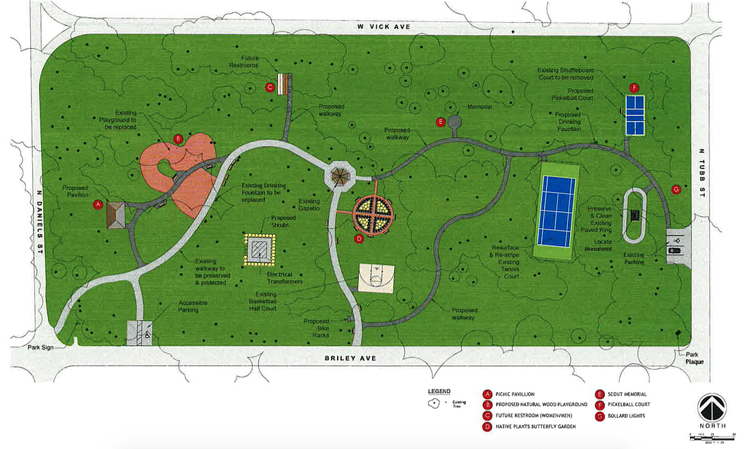 The general layout of the master plan for Speer Park. Two changes are to shift the designated space for future north-side restrooms to the east and to add a junior basketball court beside the existing half court on the south side.