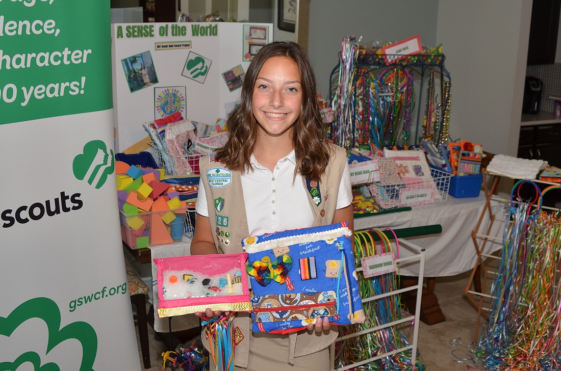Amber Matlach created for her Girl Scout Gold Award project a collection of sensory boards, beanbags and pillows; marble mazes; I Spy bags; fine-motor skill bracelets; and rainbow rings.