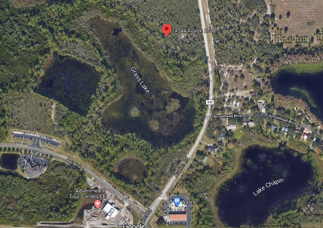 The property is located at 14544 Avalon Road, adjacent to Grass Lake, in Orange County&#39;s Four Corners area. Photo from Google Maps.