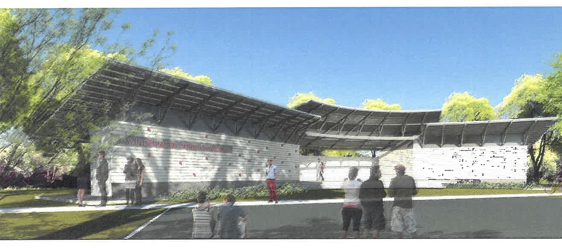 The pavilion concept includes a covered stage area, public toilets, a storage area and concession stand.