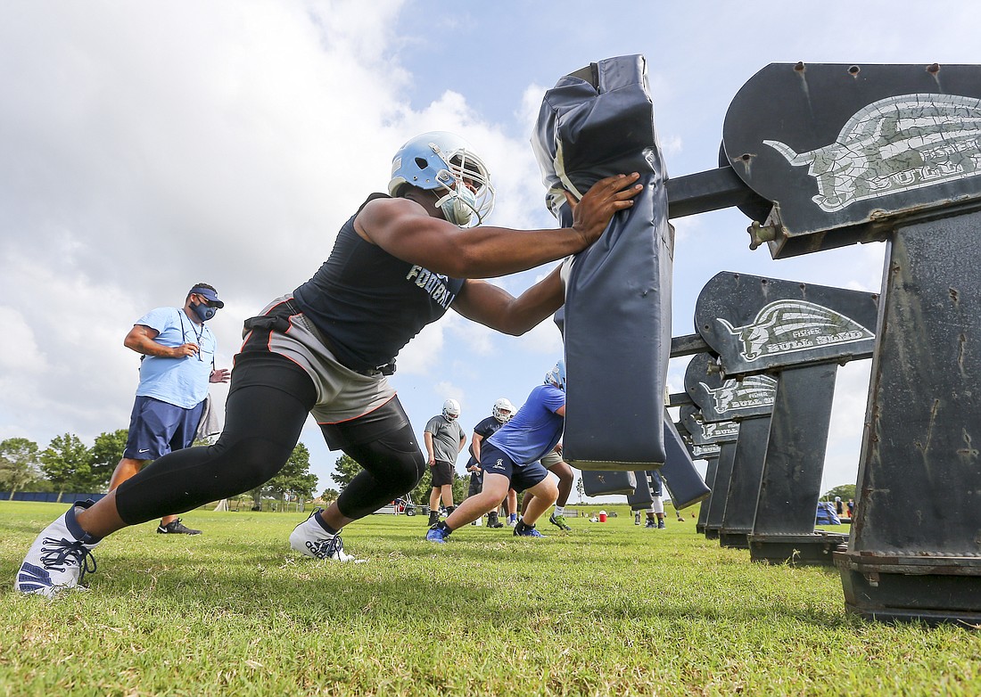 Edward Byrd participates in drills during the first practice of the season Monday, Aug. 24.