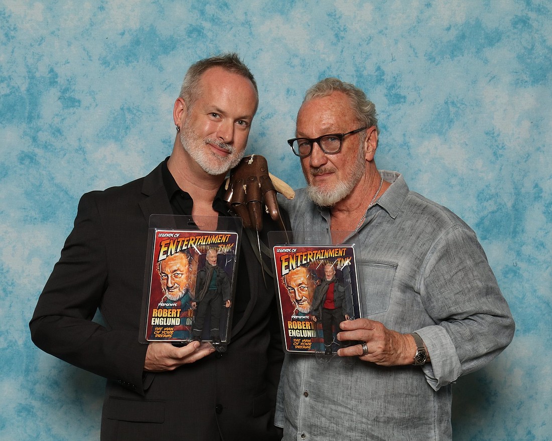Marc Draven, left, shows off his custom Robert Englund figure alongside the man himself â€” who played the iconic character in the Nightmare on Elm Street franchise. (Courtesy photo)