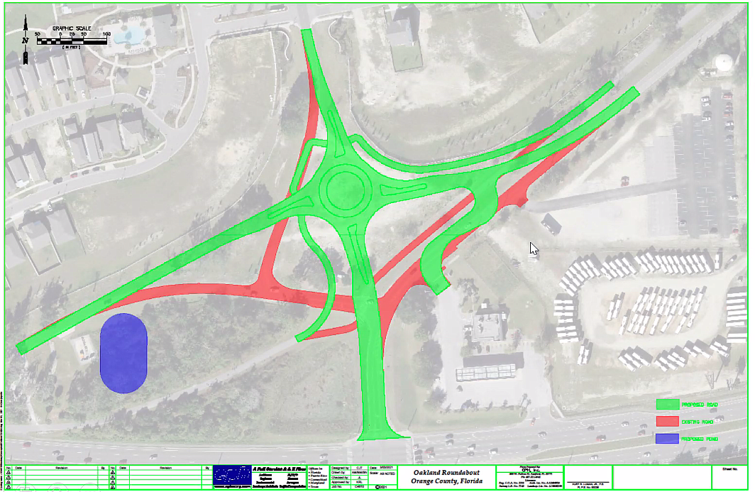 The current roads are highlighted in red. The green portion is the road realignment and the addition of the roundabout.