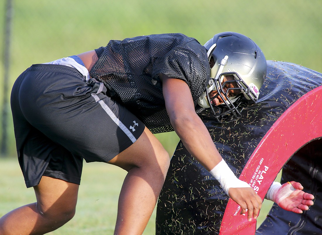 Aaron Wilson works on his tackling during a practice before the start of Ocoee&#39;s 2019 season. (File photo)