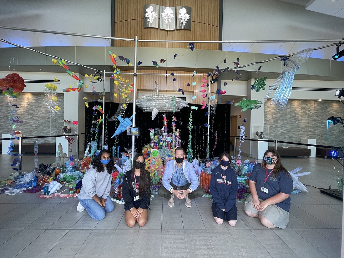 â€˜Coral Reef: A Living Wonderâ€™ is a creative approach to raise awareness of the effects of plastic on sea life. From left: Sasha Vallabhaneni, Mia Sanchez Grisales, Damon Boardman, Clare Sinoff and Catherine Cole.