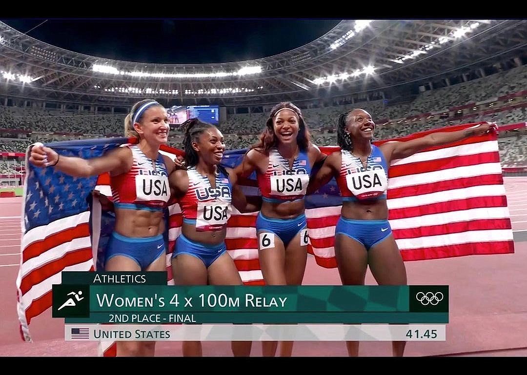 The U.S. womenâ€™s 4x100-meter relay team earned a silver medal at the 2020 Olympics. Photo credit: NBC