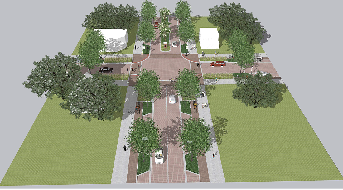 An aerial rendering of possible changes to the Tubb Street-Oakland Avenue intersection looking north.