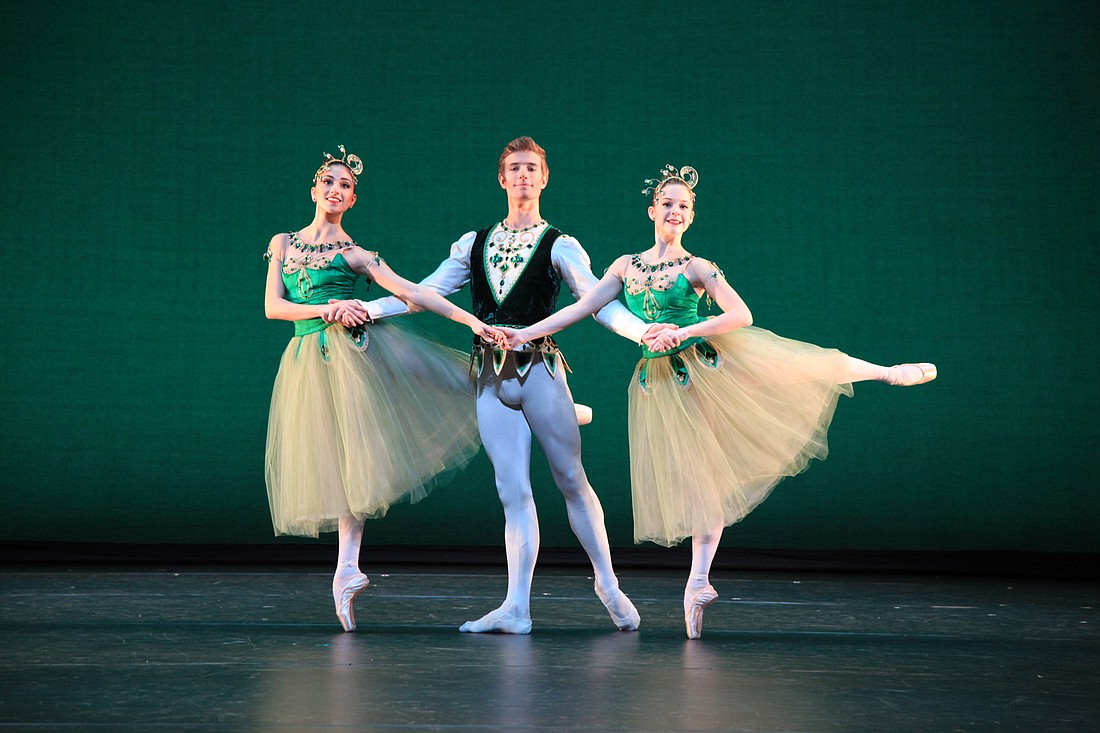 Sareen Tchekmedyian, Paul Branco and Elizabeth Sykes perform the pas de trois in George Balanchine's "Emeralds."
