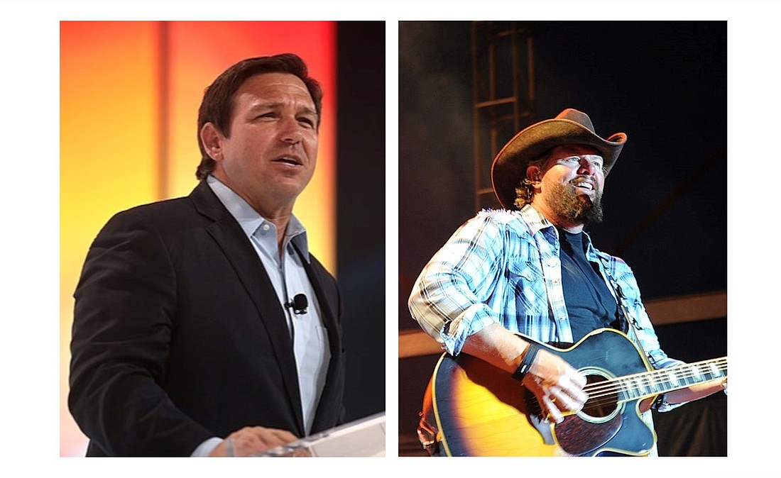 Governor Ron DeSantis; Toby Keith. Photos from Wikimedia Commons