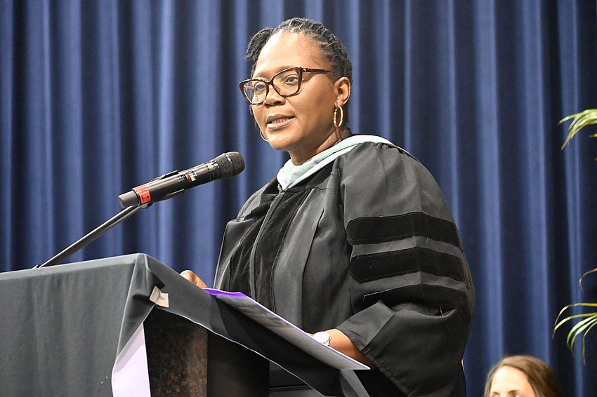 Booker HS Principal Dr. Rachel Shelley delivers her remarks