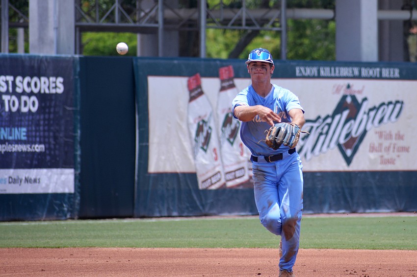 ODA senior Aidan Marino fires a ball to first base for an out.