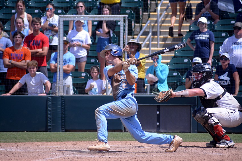 ODA senior Aidan Marino hits a ball to left field during the seventh inning against North Florida Christian.