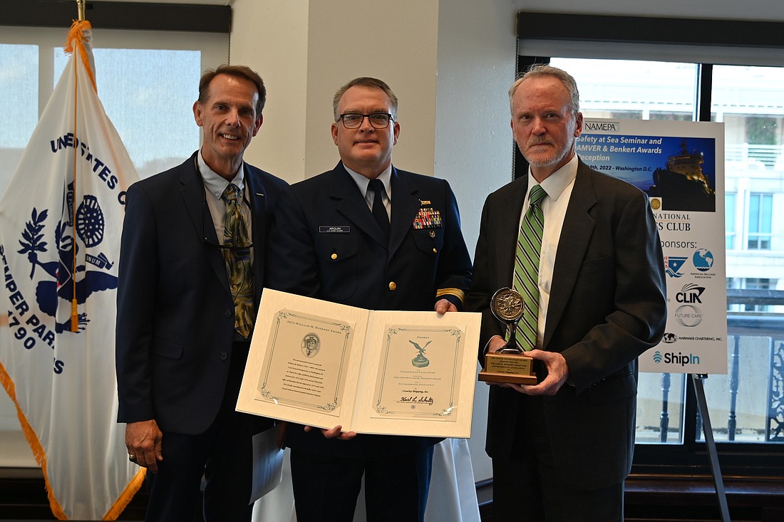 From left: Cole Cosgrove, vice president, Crowley global ship management; Capt. Wayne Arguin Jr., U.S. Coast Guard assistant commandant for prevention policy; and Owen Clarke, Crowley director, government affairs.