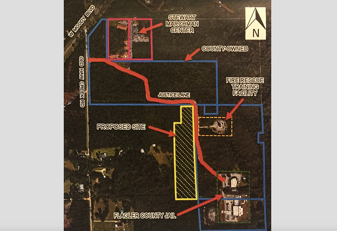 The land the county plans to buy is outlined in yellow. (Image from Flagler County government staff presentation.)