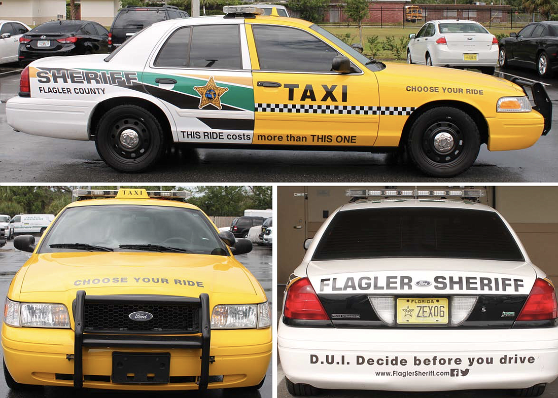 The Sheriff'       s Office'       s new  "Taxi-Patrol car" warns viewers about DUIs. (Photo courtesy of the Flagler County SHeriff'       s Office)