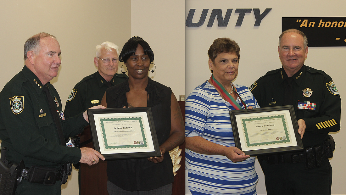 Sheriff Rick Staly (far left) presented Ladena Rutland (center left) and Susan Seitzberg with Lifesaving Awards at the Sheriff's Operations Center July 18. (Photos by Ray Boone)