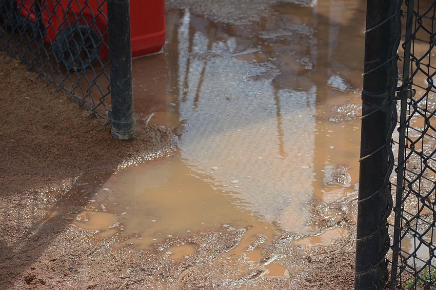 The Mustangs' dugout was muddier than usual following a lengthy rain and lightning delay in the team's game against Western High.