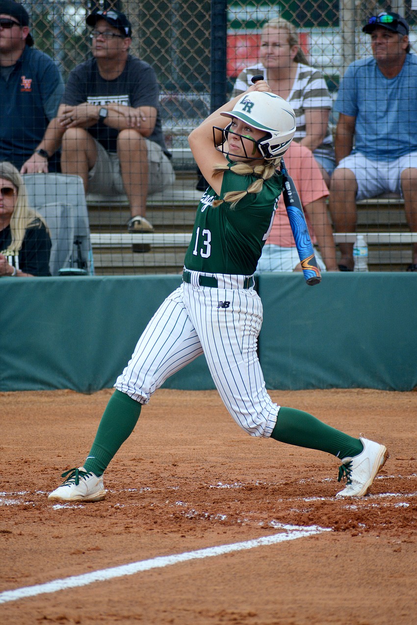 Lakewood Ranch senior Taylor Shepherd hits an RBI double against Western High.