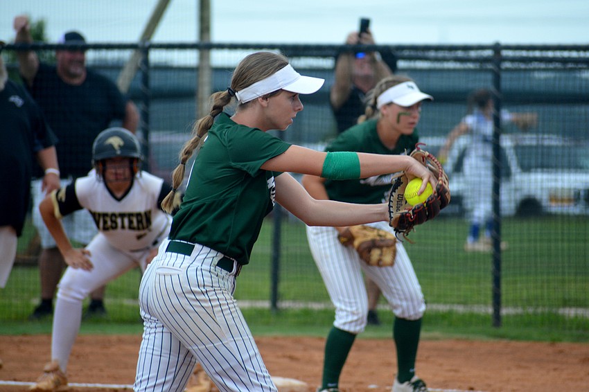 Lakewood Ranch senior Ella Coiner pitched the seventh inning against Western High, allowing zero runs.