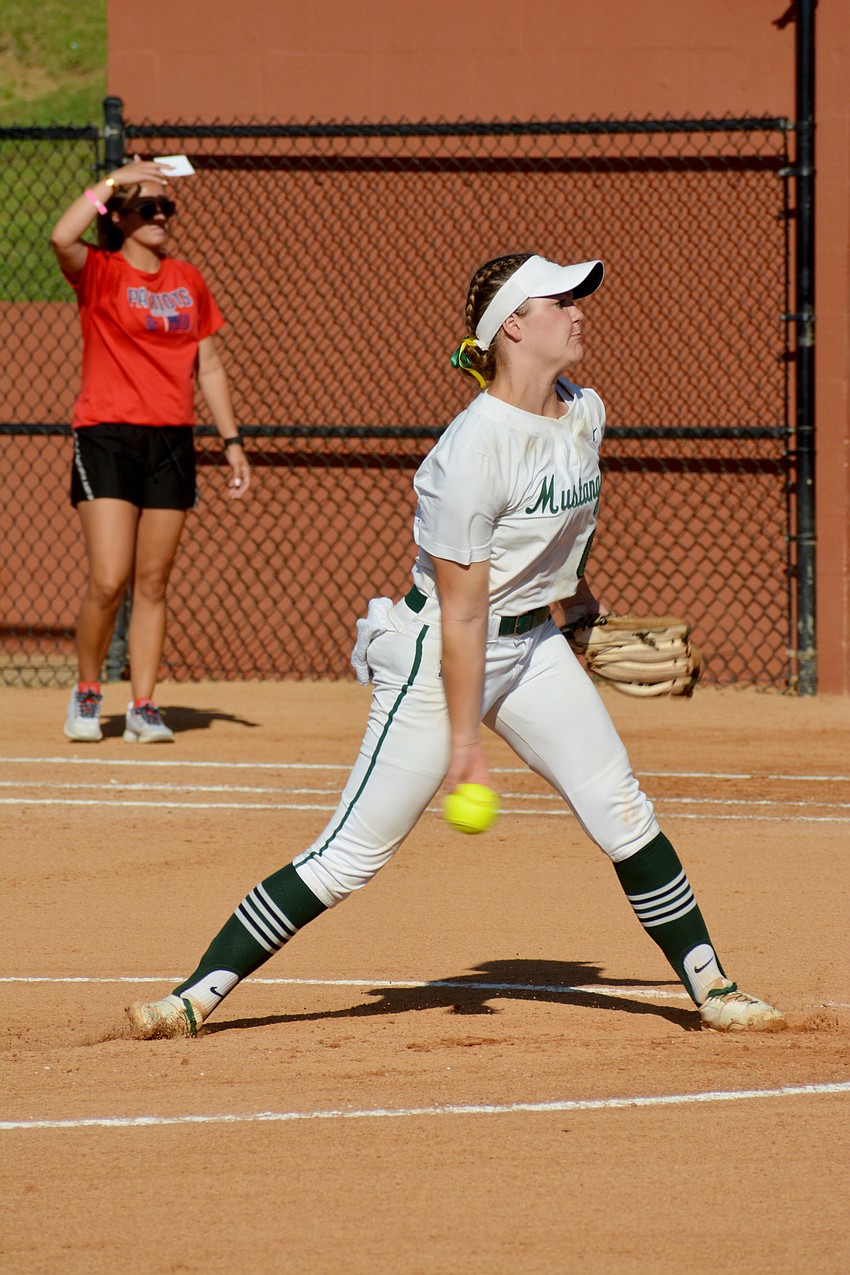 Lakewood Ranch High sophomore Ella Dodge pitched a complete game against Lake Brantley High, allowing two runs on five hits and four walks.