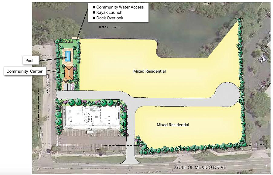 A conceptual site plan depicts a mixed-use community with residential use and a reduced commercial footprint. A pool and community center would provide a buffer for the property.