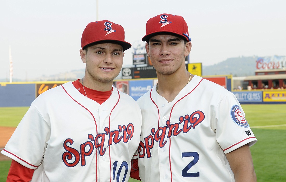 Chris Seise, right, was promoted by the Texas Rangers to Class A Short Season Spokane, where he has reunited with Kole Enright. Photo courtesy James Snook