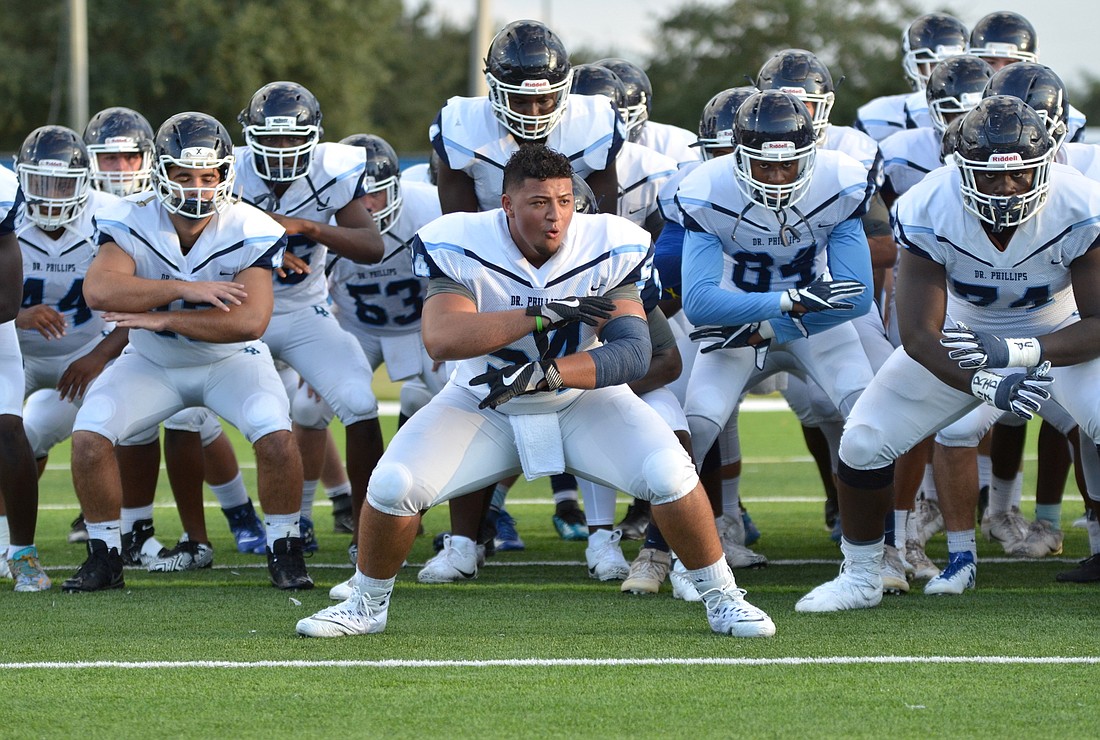 Alesandro Martinez leads the Dr. Phillips Panthers in the Haka before the teamâ€™s game at West Orange Sept. 7.