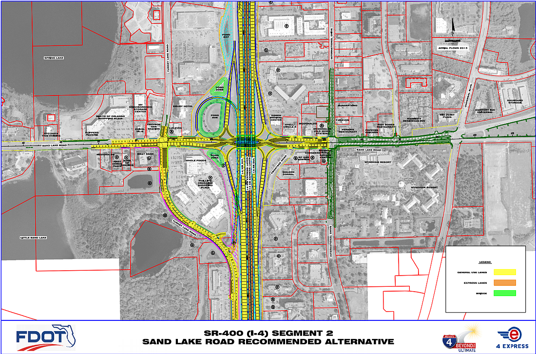 The recommended alignment for Sand Lake Road under Interstate 4 is for the westbound and eastbound lanes to never intermingle.