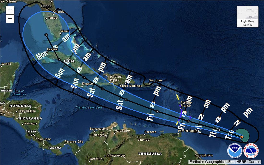Elsa's anticipated track, showing likely arrival time of tropical storm force winds. Image courtesy of NOAA. See the latest track data at https://www.nhc.noaa.gov/refresh/graphics_at5+shtml/145500.shtml?gm_track