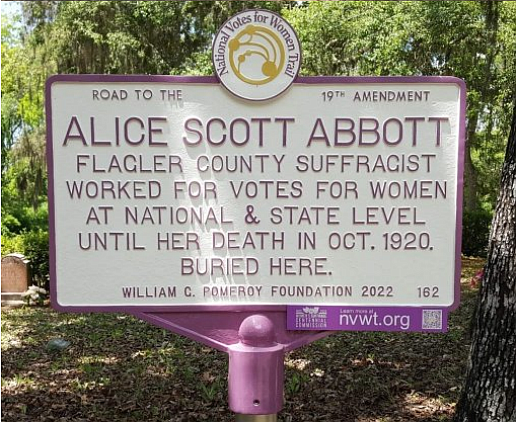  Road to the 19th Amendment marker installed at Alice Scott Abbott's Final Resting Place, Espanola Cemetery, May 4, 2022. Photo by Ed Siarkowicz.