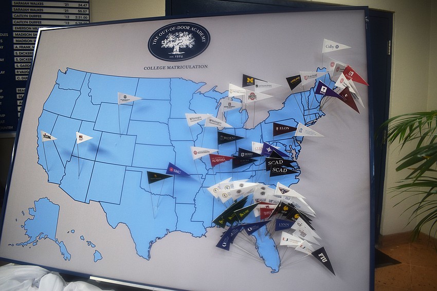 A map shows where Out-of-Door Academy's Class of 2022 plans to go to college.