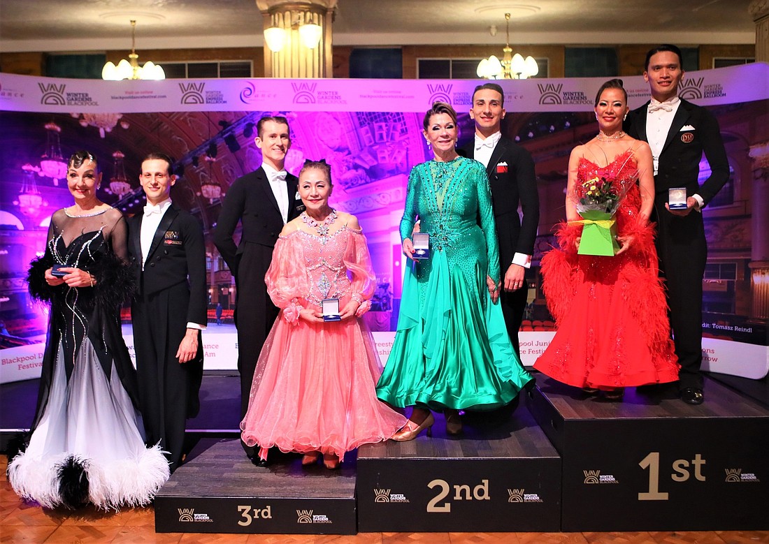 Christine Schneider Downs and Samuele Pugliese were the runners up in the Pro/Am 65+ International Ballroom Multi-Dance Championship at the Blackpool Dance Festival. Courtesy photo