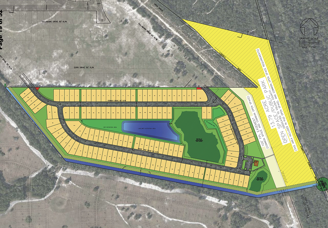 A map showing the proposed Dixie Ridge development. The 13 acres highlighted in yellow, abutting Old Dixie Highway, will be donated to the county as a park. Courtesy of Volusia County Government