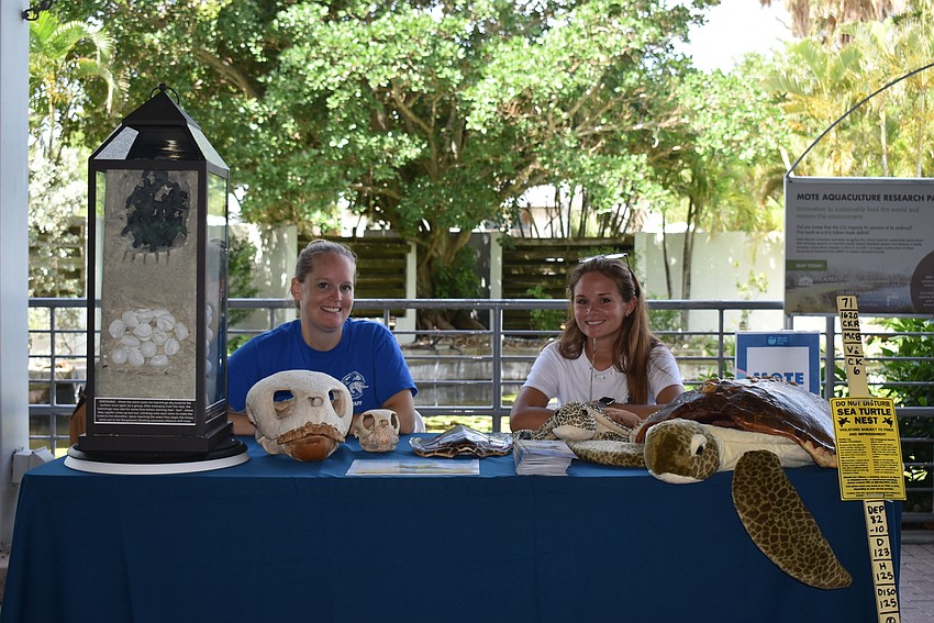 Melissa Macksey and Emily Briner were educating visitors on how to keep the beaches turtle-friendly.
