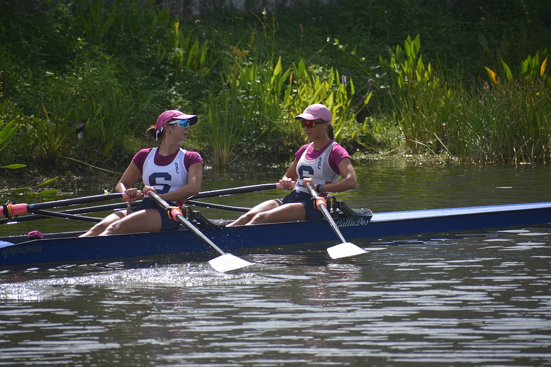 Maya Schultz and Maeva Ginsberg-Klemmt row back to the dock after winning the A Final of the Women&#39;s U17 2x (7:36.96) at the 2022 USRowing Youth National Championships.