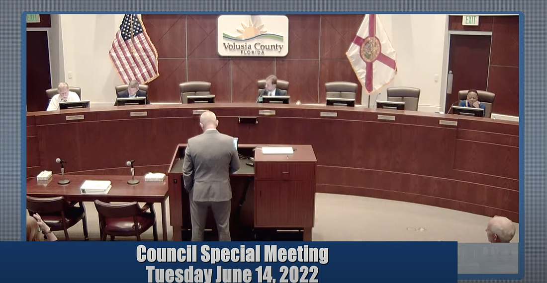 Only four council members attended the workshop: Barb Girtman, Danny Robins, Ben Johnson and Chair Jeff Brower. The rest of the council was absent.   Screenshot courtesy of Volusia County Government's meeting livestream