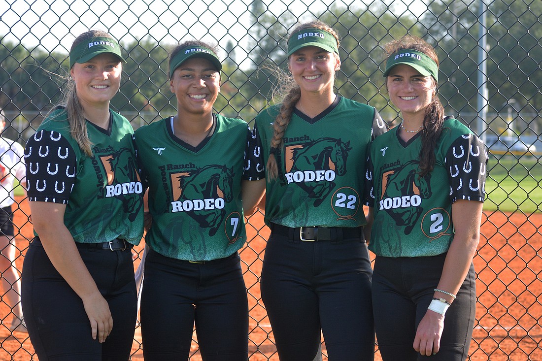 Emma Anthony, McKenzie Clark, Claire Davidson and Avery Goelz, former Lakewood Ranch High softball stars, are reunited on the Lakewood Ranch Rodeo of the Florida Gulf Coast League.