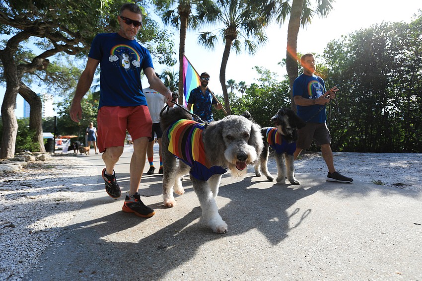 Pets and owners alike kept cool where they could on the walk.