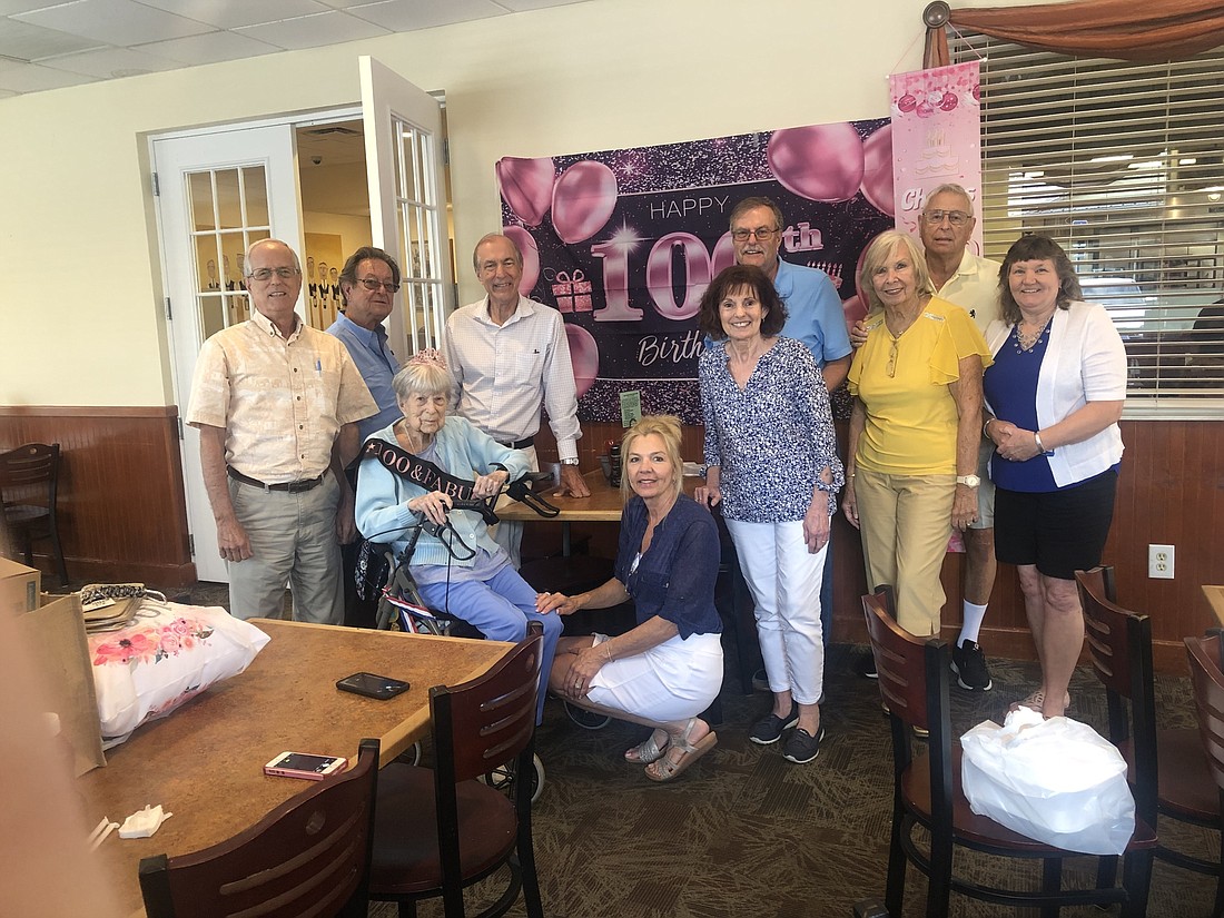 Ruth "Sue" GarrettÂ celebrates her 100th birthday with her family at DB Pickles. Courtesy photo