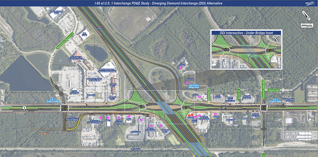 A map showing what the diverging diamond alternative would look like at the U.S. 1 and I-95 interchange. Courtesy of FDOT