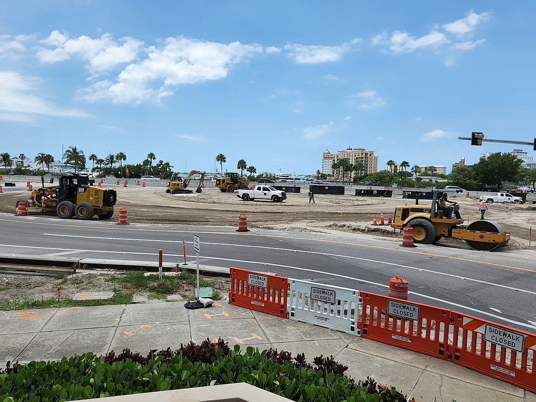 Earth moving equipment is shaping the traffic circle of the roundabout project at U.S. 41 and Gulfstream Avenue. The project is scheduled to be completed this fall. (Photo by Andrew Warfield)