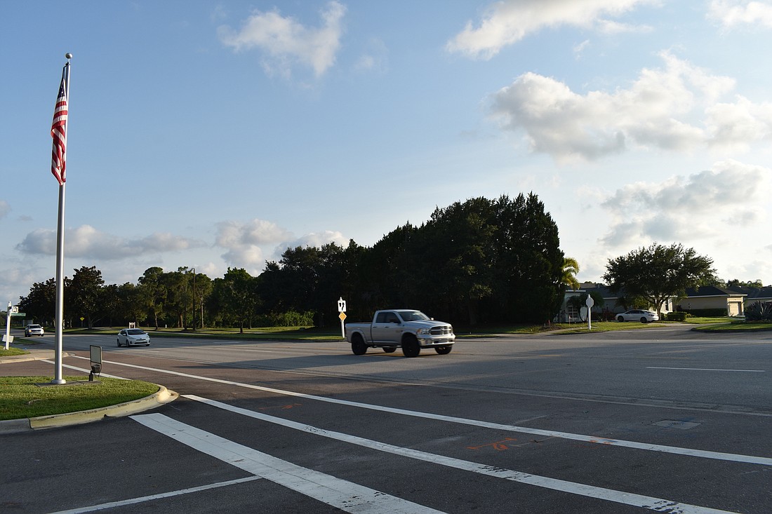 Currently, there are no traffic control measures at the intersection of Lakewood Ranch Boulevard and Balmoral Woods Boulevard/Water Lily Way. (Photo by Ian Swaby)