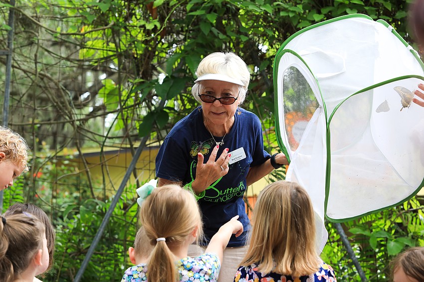 Ruth Frushour with the St. Clair Butterfly Foundation release a number of monarch butterflies into the sky.
