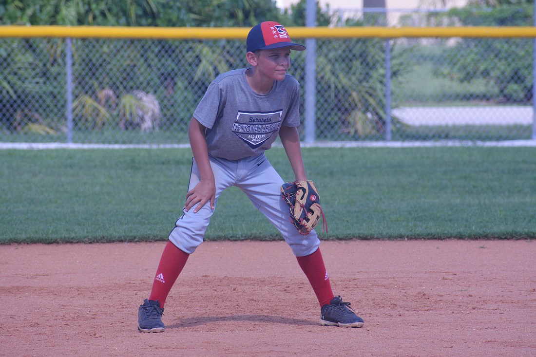 Sarasota National 8-9-10 All-Star Judah Mayer digs in at second base during a July 5 practice at Twin Lakes Park.