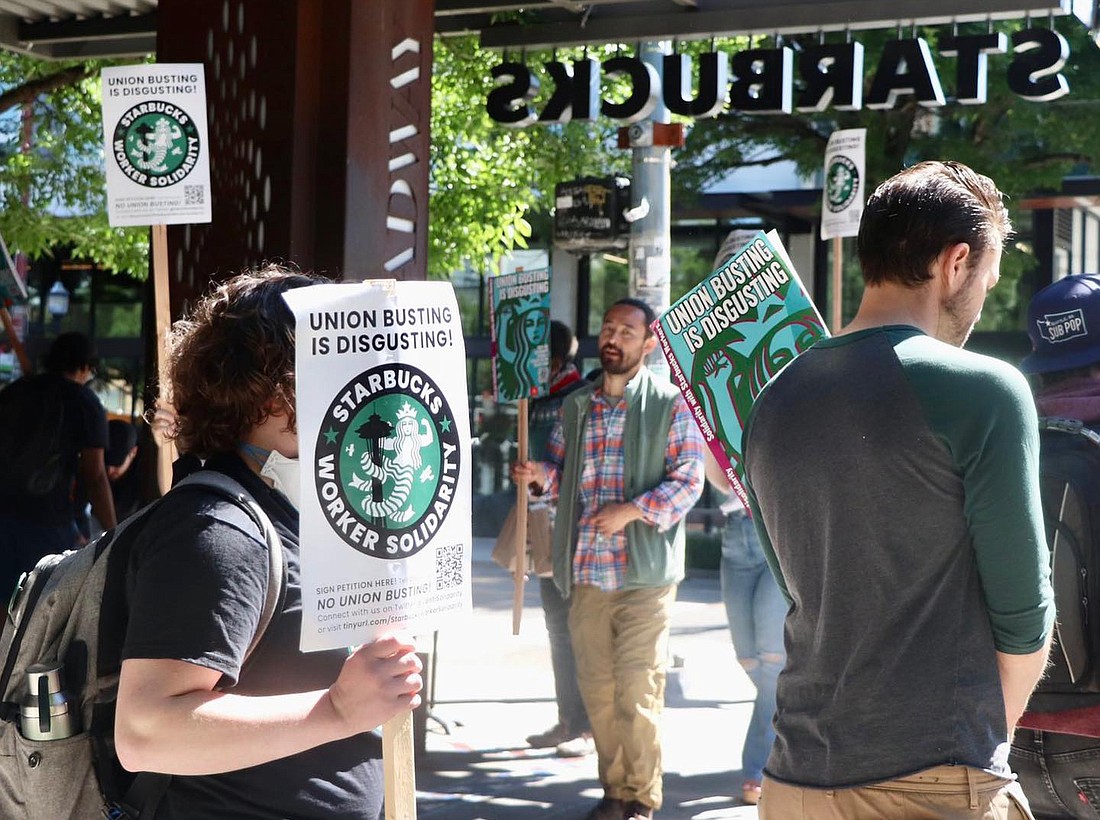 Picketers are shown in this photo from the Starbucks Workers United Facebook page.