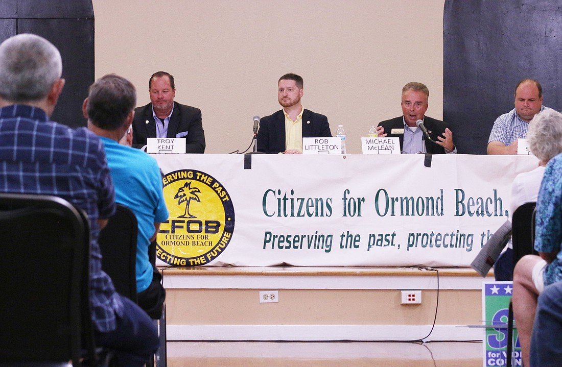 The Volusia County Council District 4 candidates â€” Troy Kent, Rob Littleton, Michael McLean and Ken Smith â€” participate in CFOB's forum on Wednesday, July 13. Photo by Jarleene Almenas