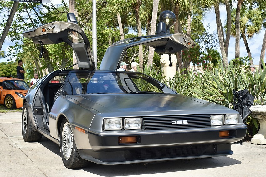A shiny silver Delorean on display in St. Armands Circle.