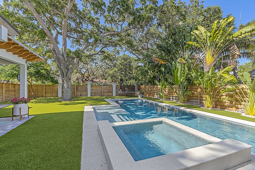 The backyard features a rectangular, saltwater pool.