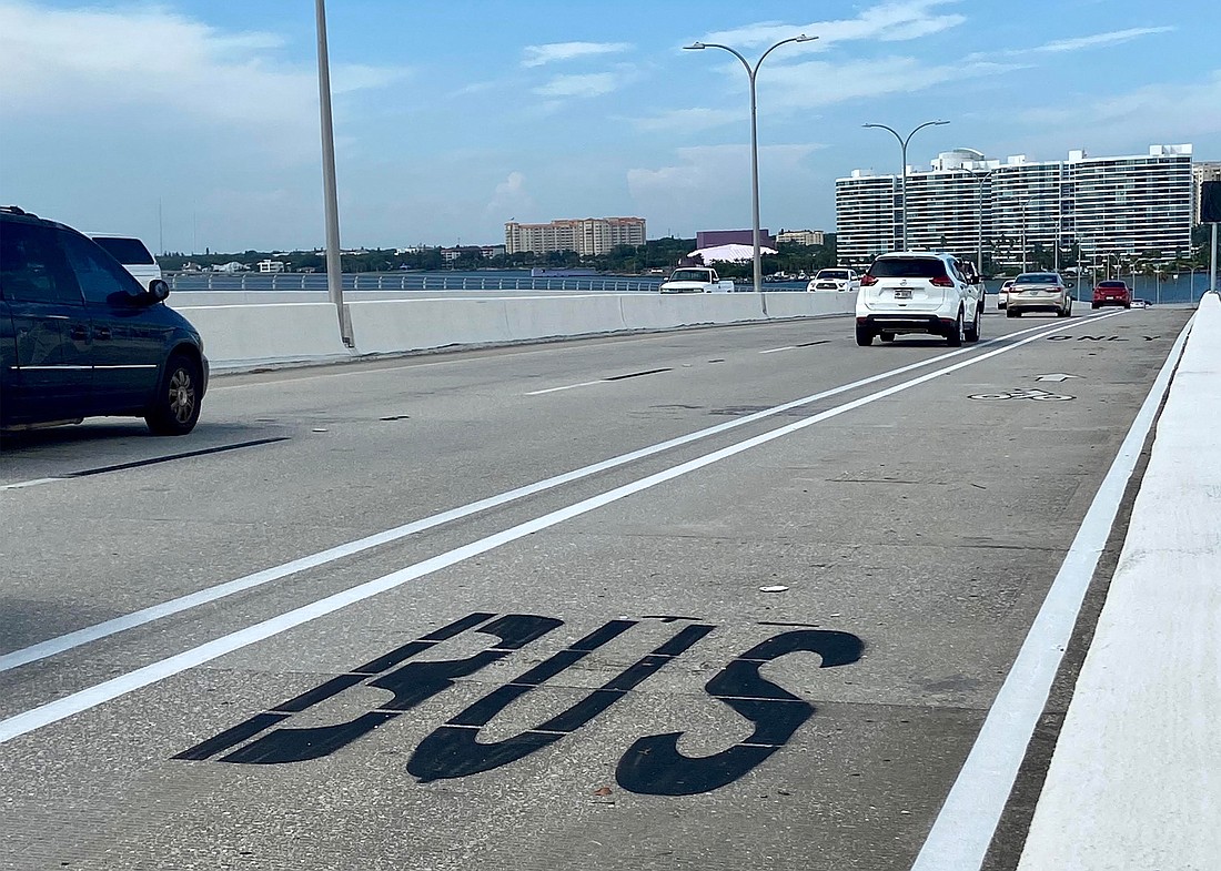 The Florida Department of Transportation is re-striping and marking a 10-foot-wide shared bus and bike "shoulder" in the space of the formerly dedicated bike lane. (Photo courtesy of the city of Sarasota)